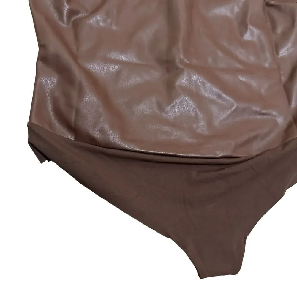 NWT SKIMS Faux Leather Crew Neck Bodysuit In Cocoa Brown Bodysuit